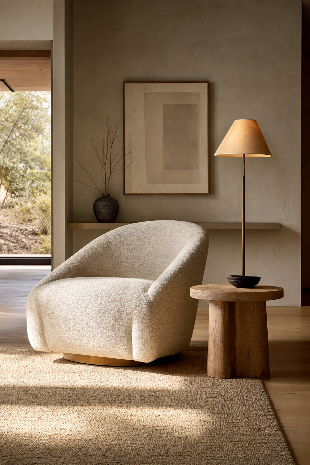 use one sculptural lounge chair in a cozy minimalist living room