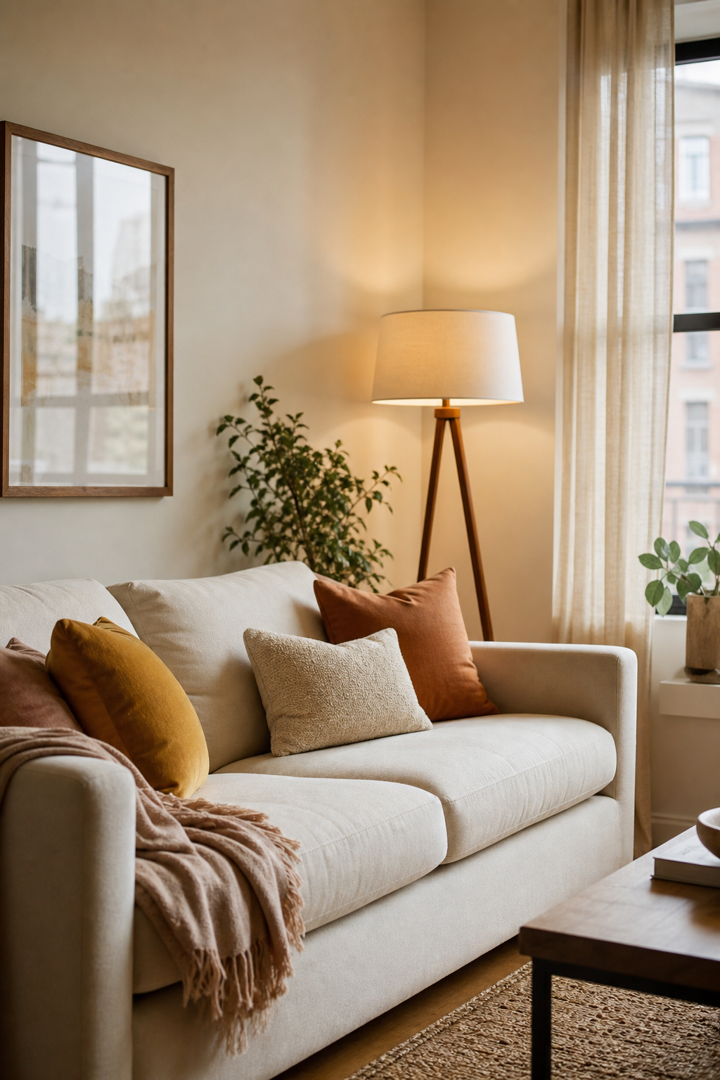 Warm apartment aesthetic idea with choose a sofa with soft lines