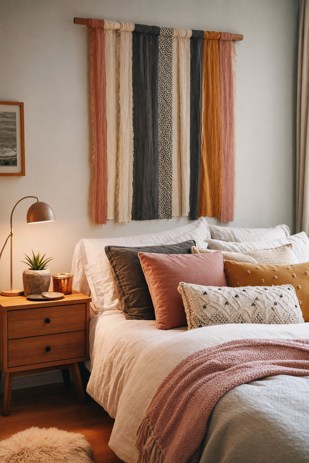 Teen bedroom with handmade fabric panel above the bed