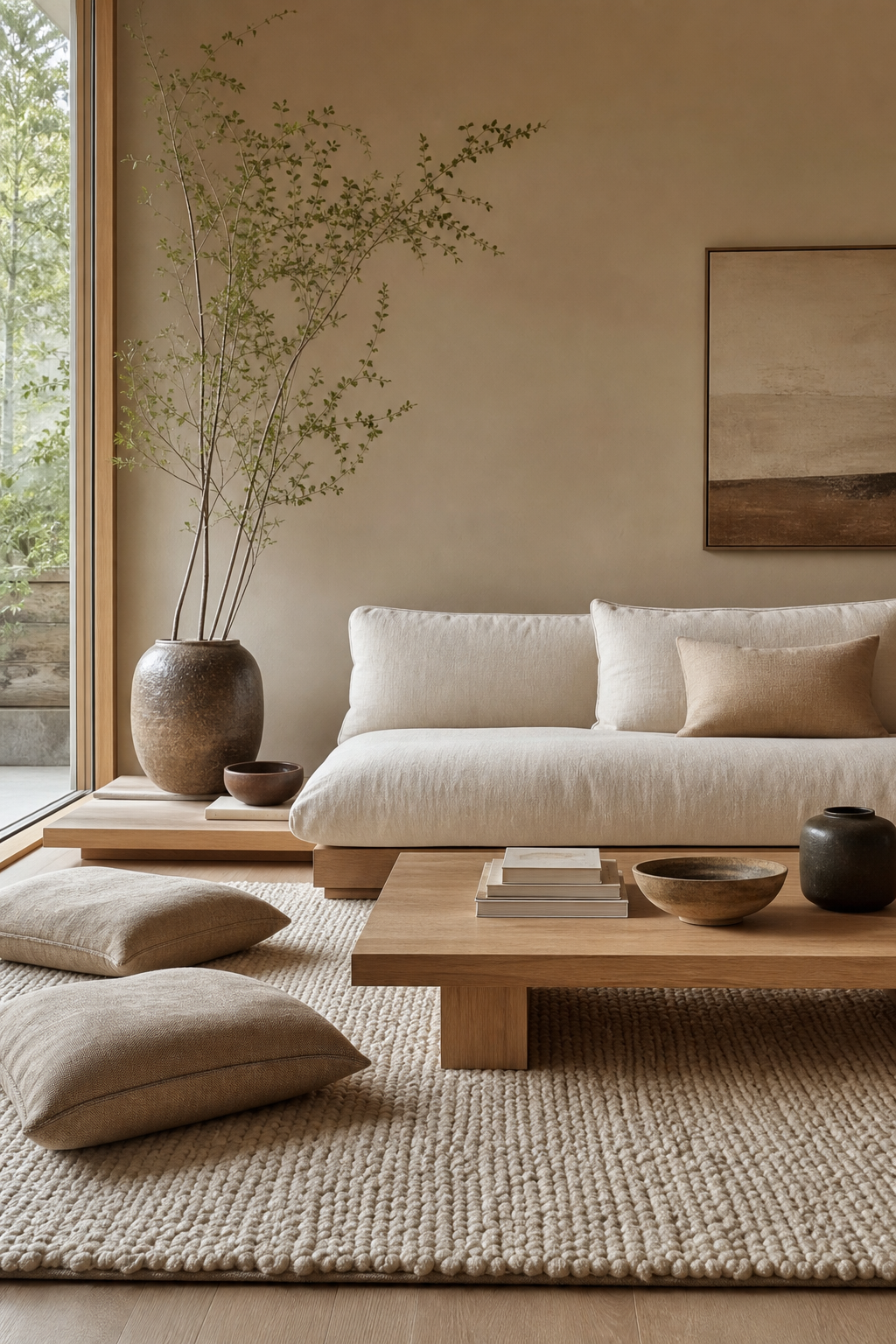 Low Japandi sofa with simple oak furniture and wool rug