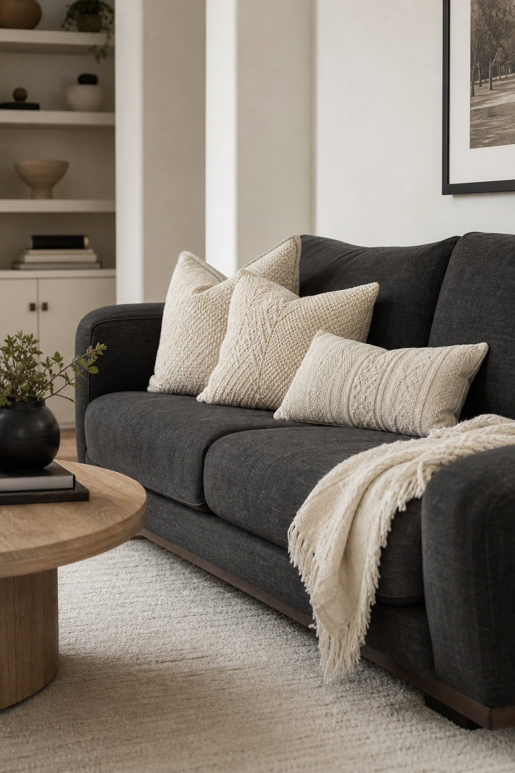 Dark grey couch styling idea with add cream pillows for clean contrast