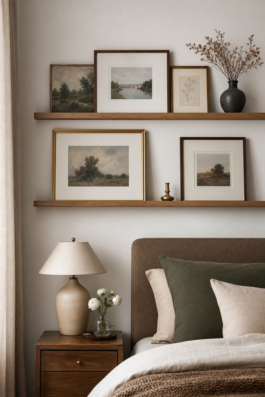 Picture ledge gallery wall with layered art and small decor objects