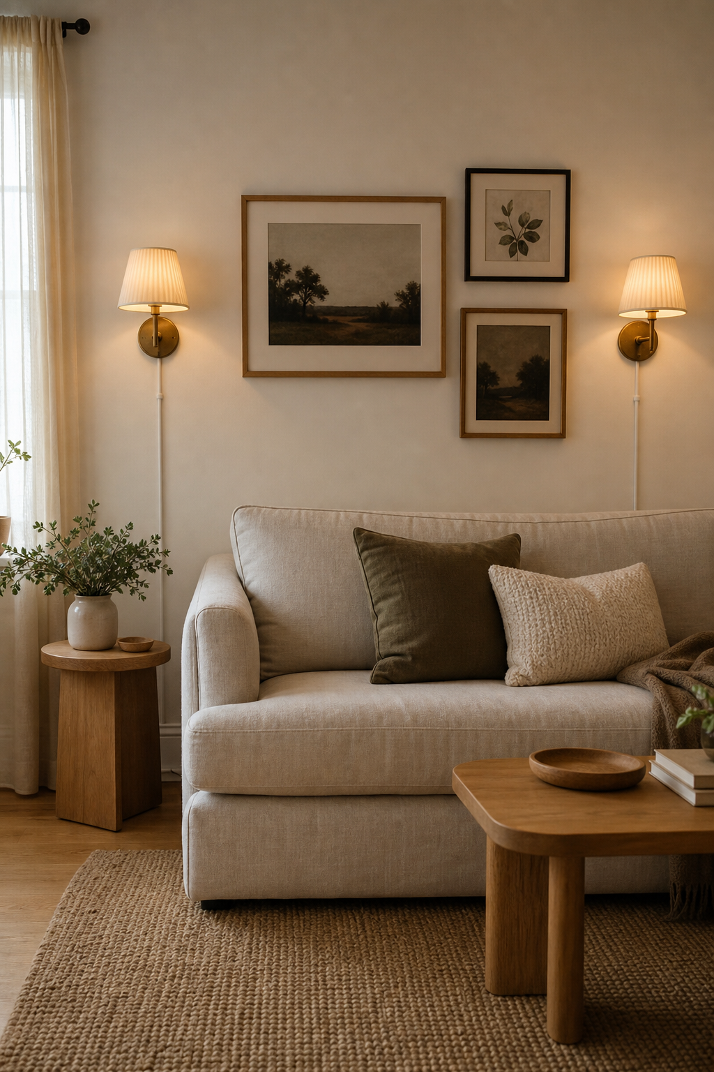 Rental living room with plug-in sconces beside a linen sofa