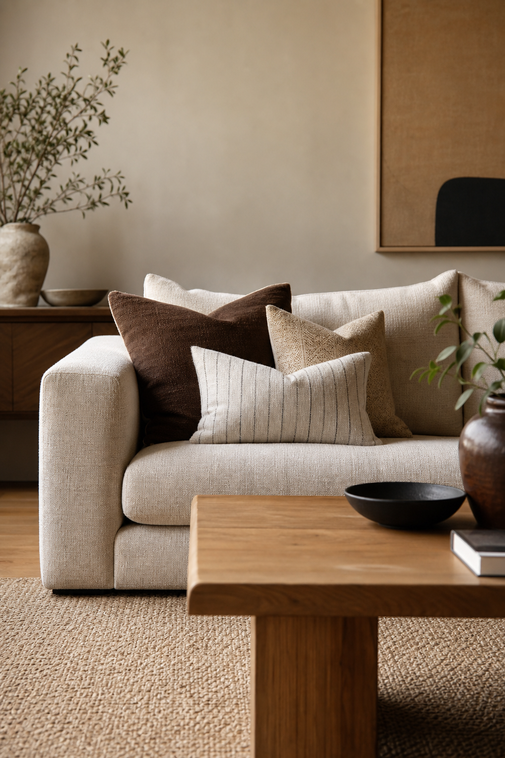 Cozy designer living room with soft structured linen sofa, layered pillows, oak coffee table, wool rug, warm walls, magazine styling