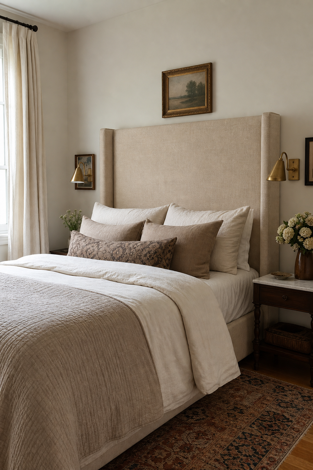 Cozy bedroom with tall oatmeal upholstered headboard
