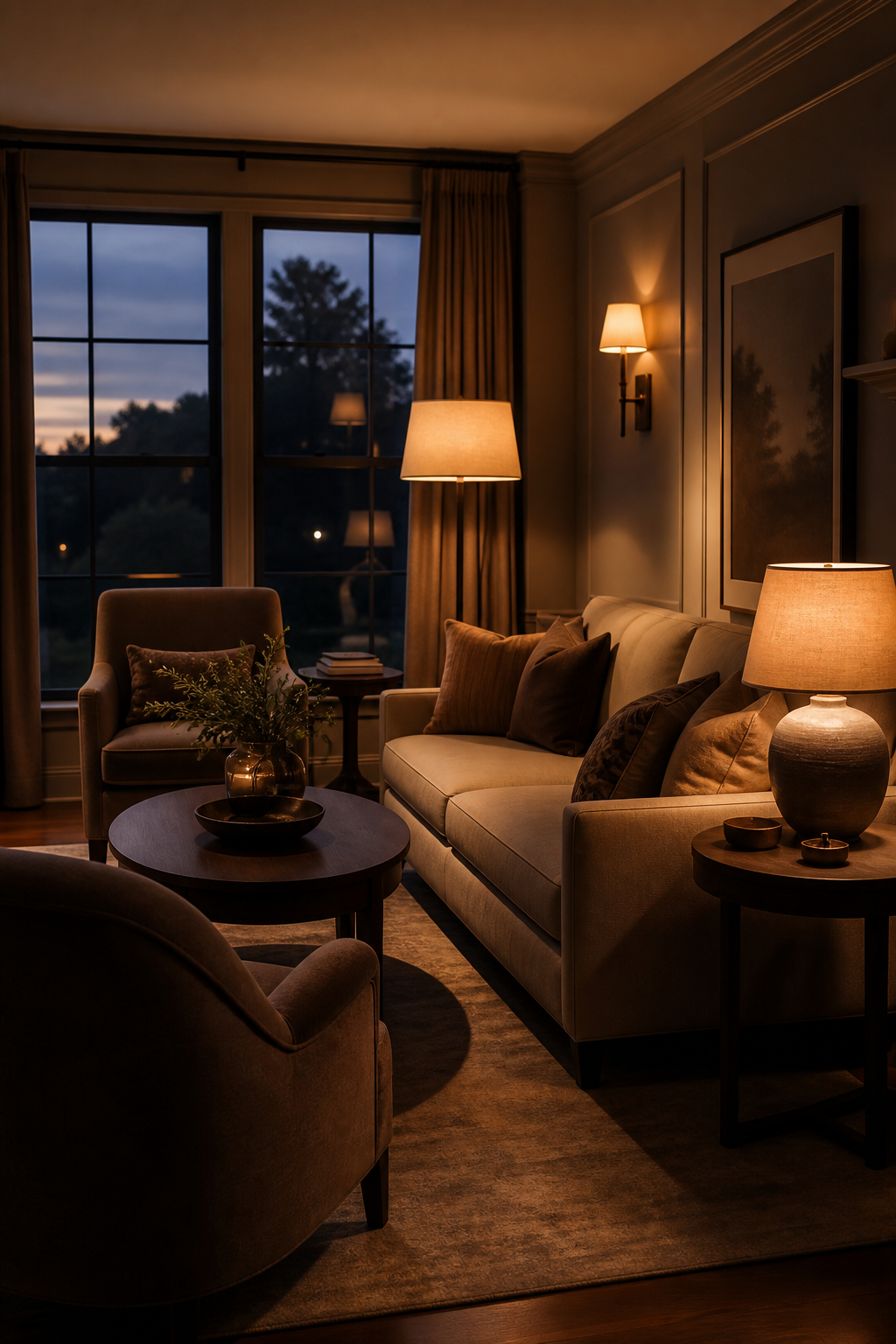 Living room grounded by a large textured rug