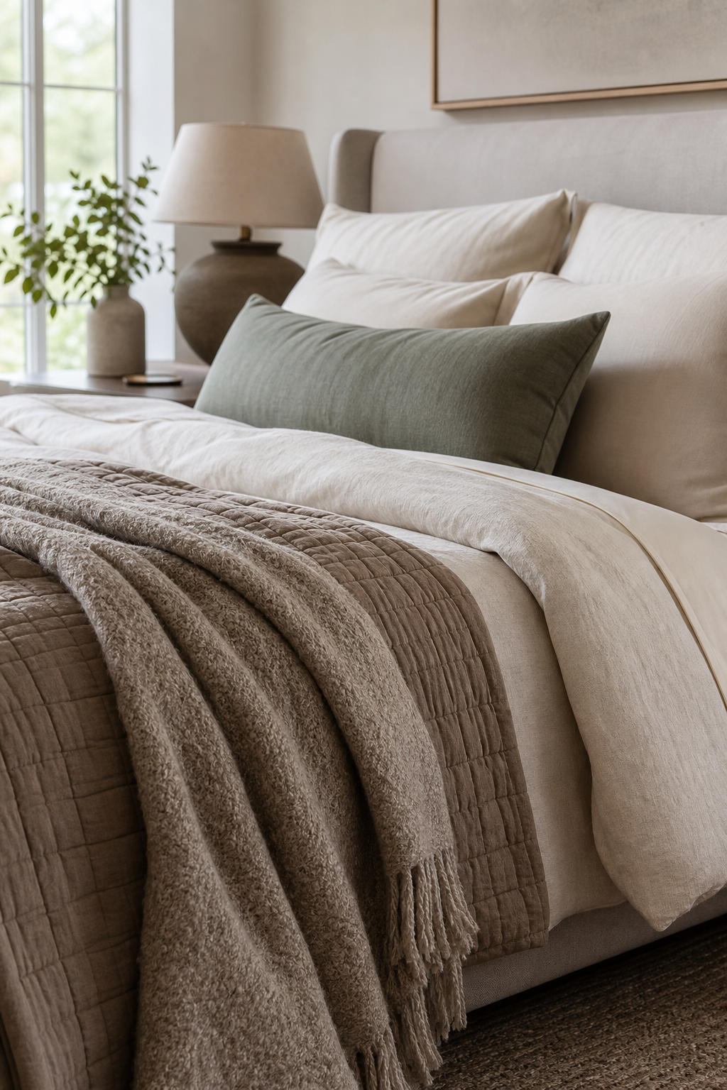 Layered tonal neutral bedding with linen duvet and textured throw