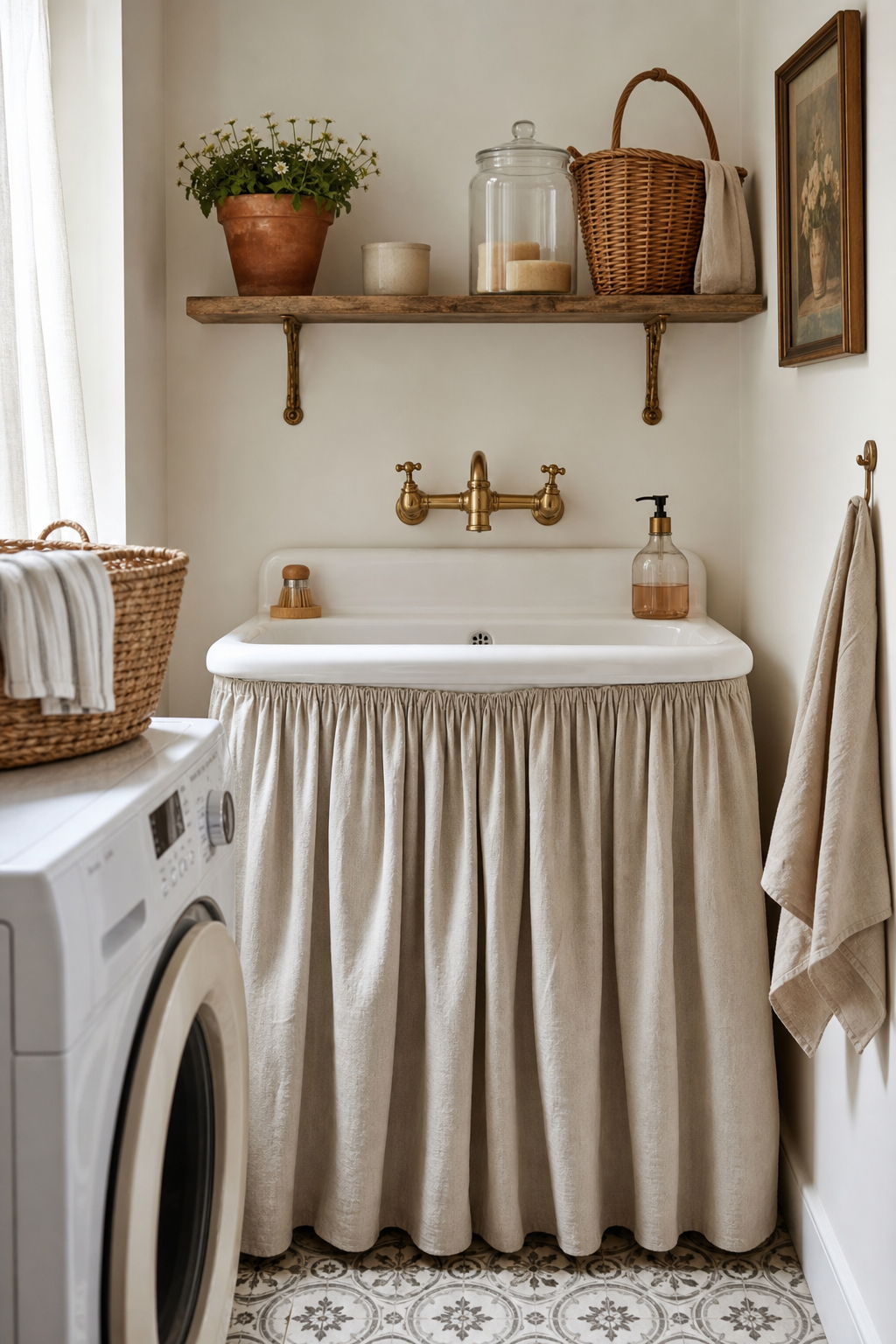 Laundry room utility sink softened with a linen skirt