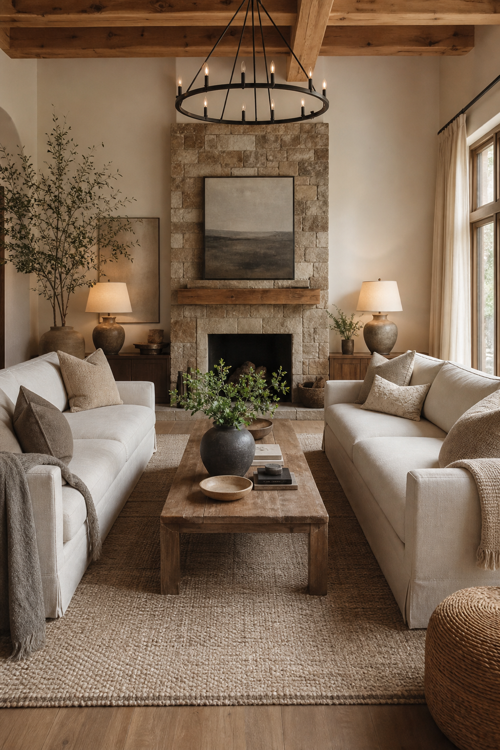 Float two sofas face to face in a cozy designer conversation room