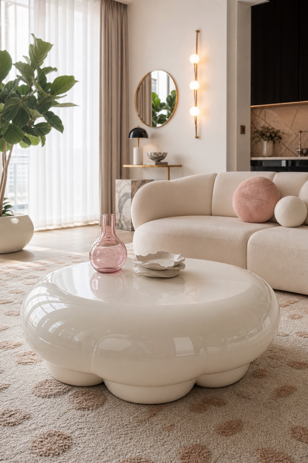 add a glossy bubble coffee table in a cozy Y2K living room