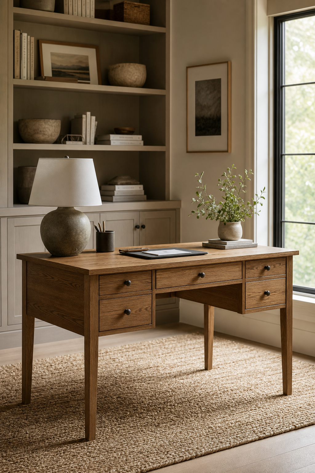 Beautiful home office with perfectly scaled oak writing desk, drawers, lamp, woven rug, built-in shelves, calm styling
