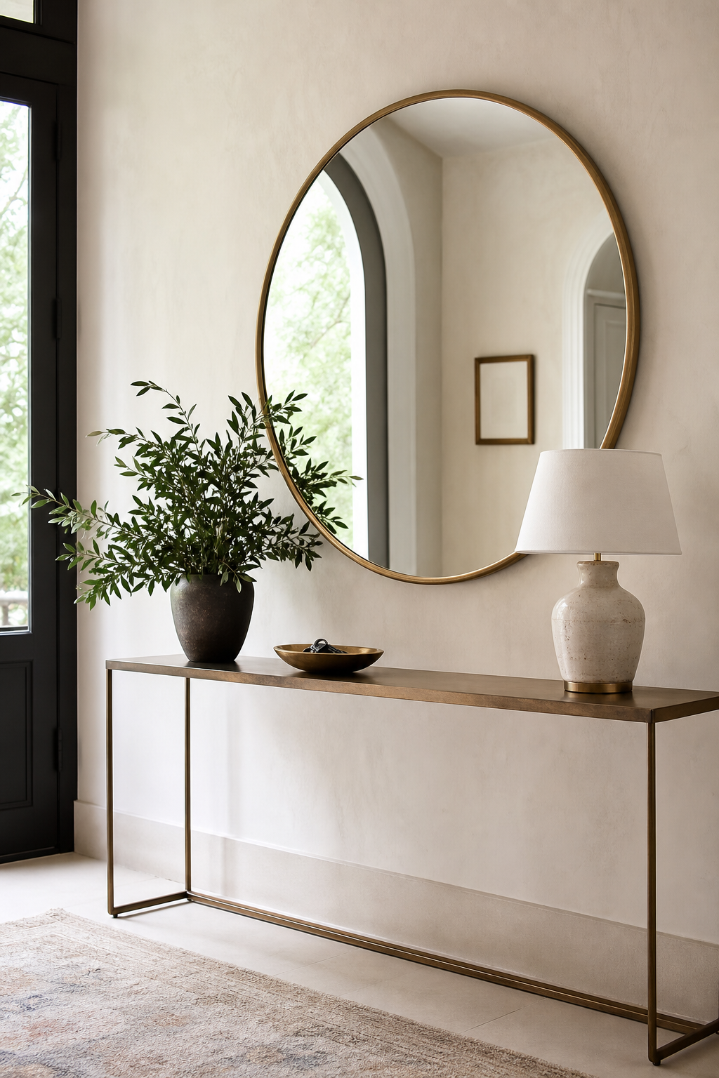 Entryway with oversized round mirror above slim console