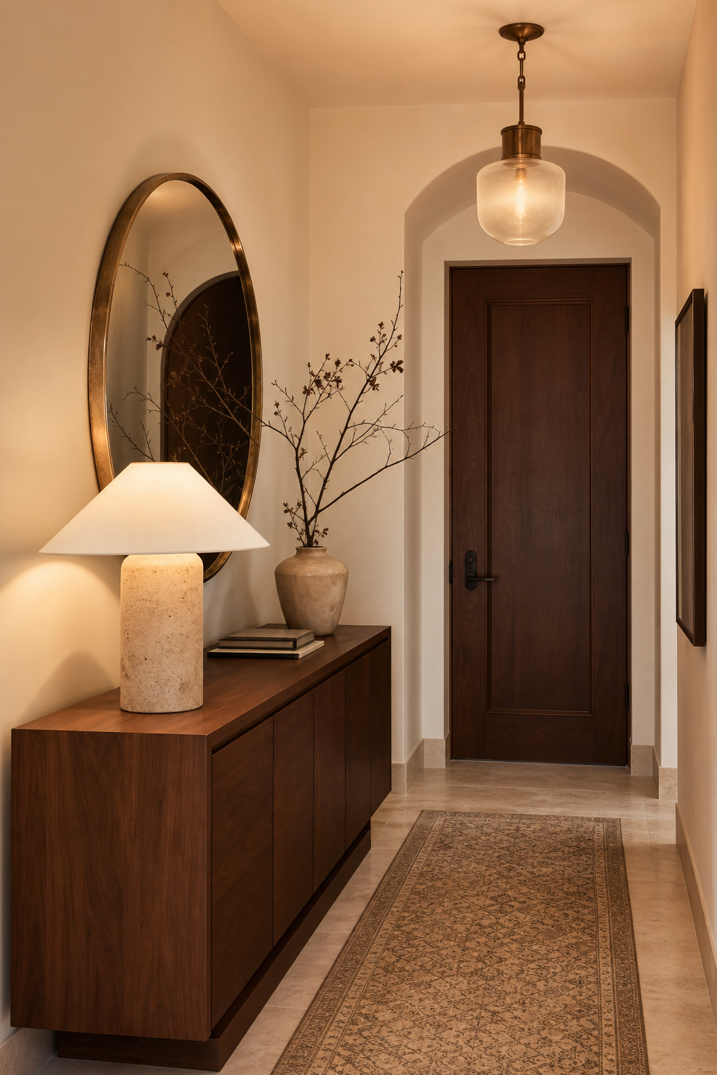 Hotel-inspired entryway with console mirror lamp and runner