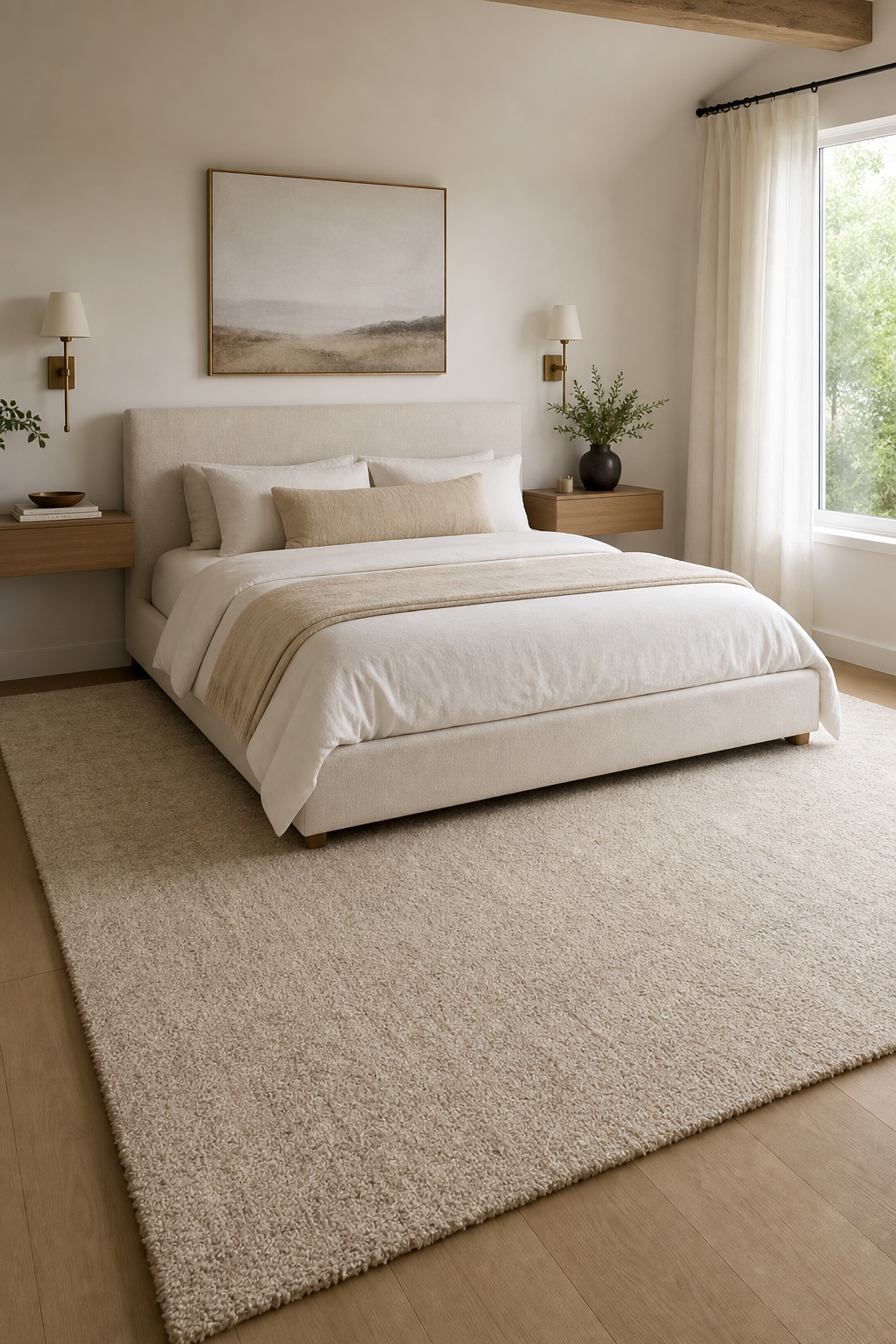 Minimalist bedroom anchored by an oversized cream wool rug beneath the bed