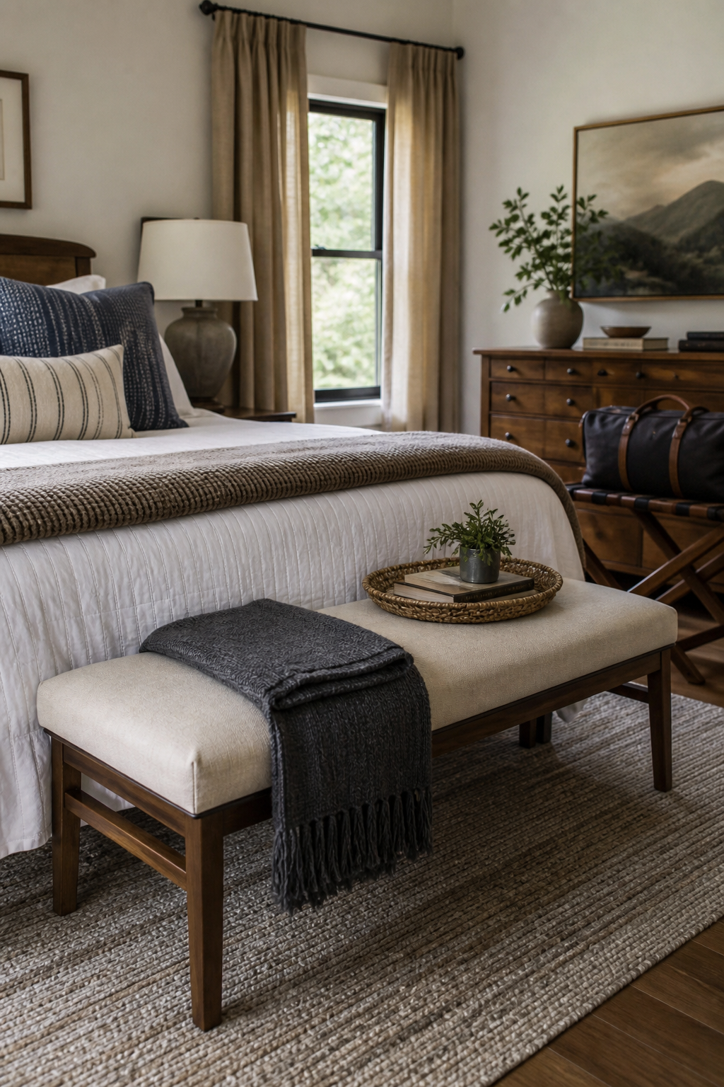 Guest bedroom with bench at foot of bed, luggage rack, layered bedding, warm wood furniture, wool rug