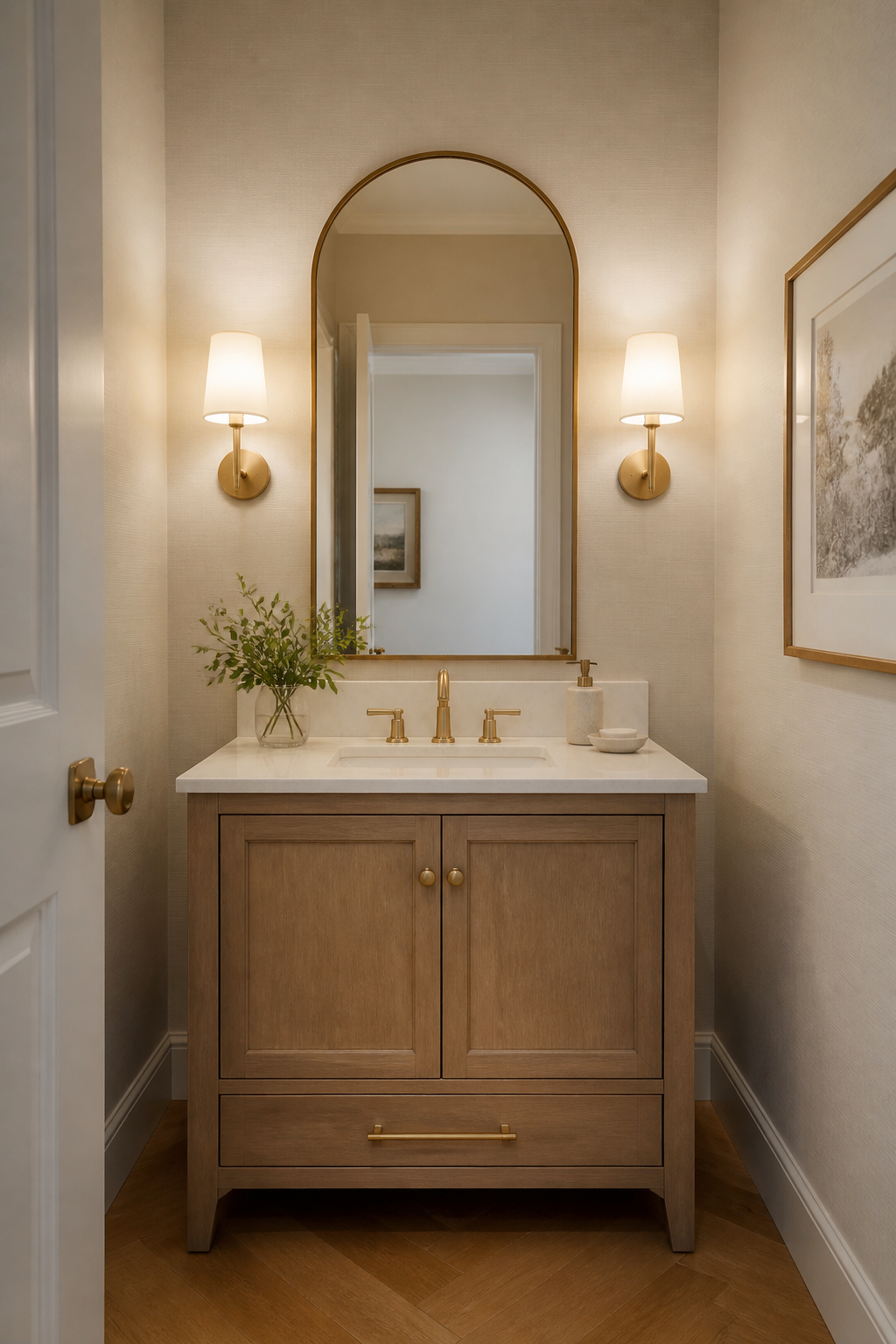 Compact powder room with thin arched mirror, small vanity, balanced sconces, and warm neutral walls