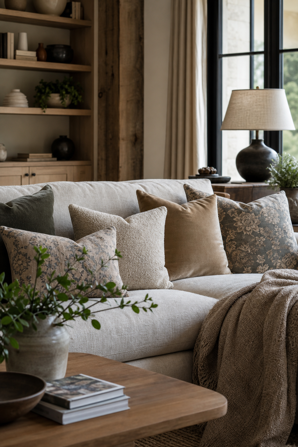 Layer Throw Pillows In Mixed Textures in a cozy designer living room