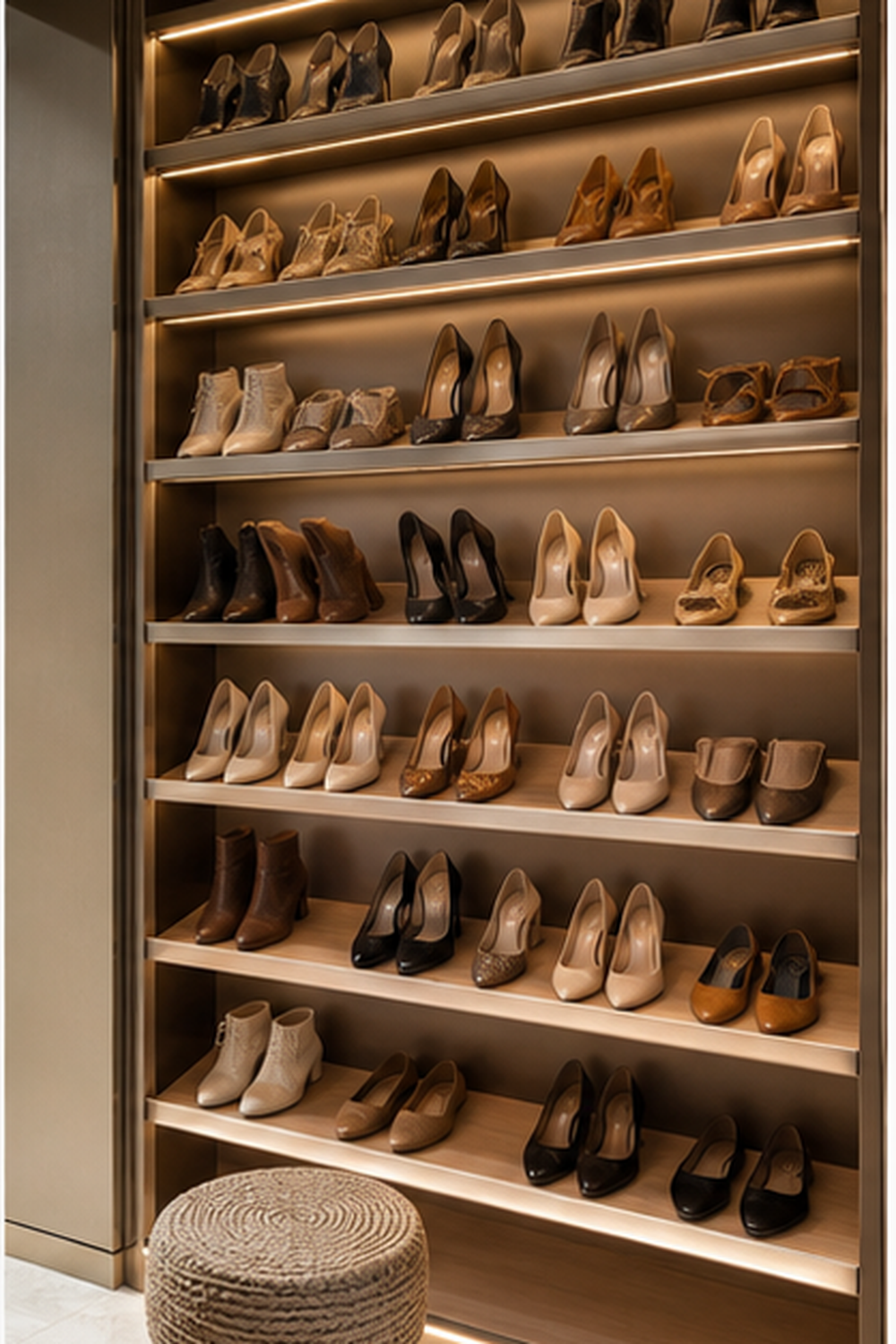 Floor-To-Ceiling Shoe Wall for small walk-in closet ideas