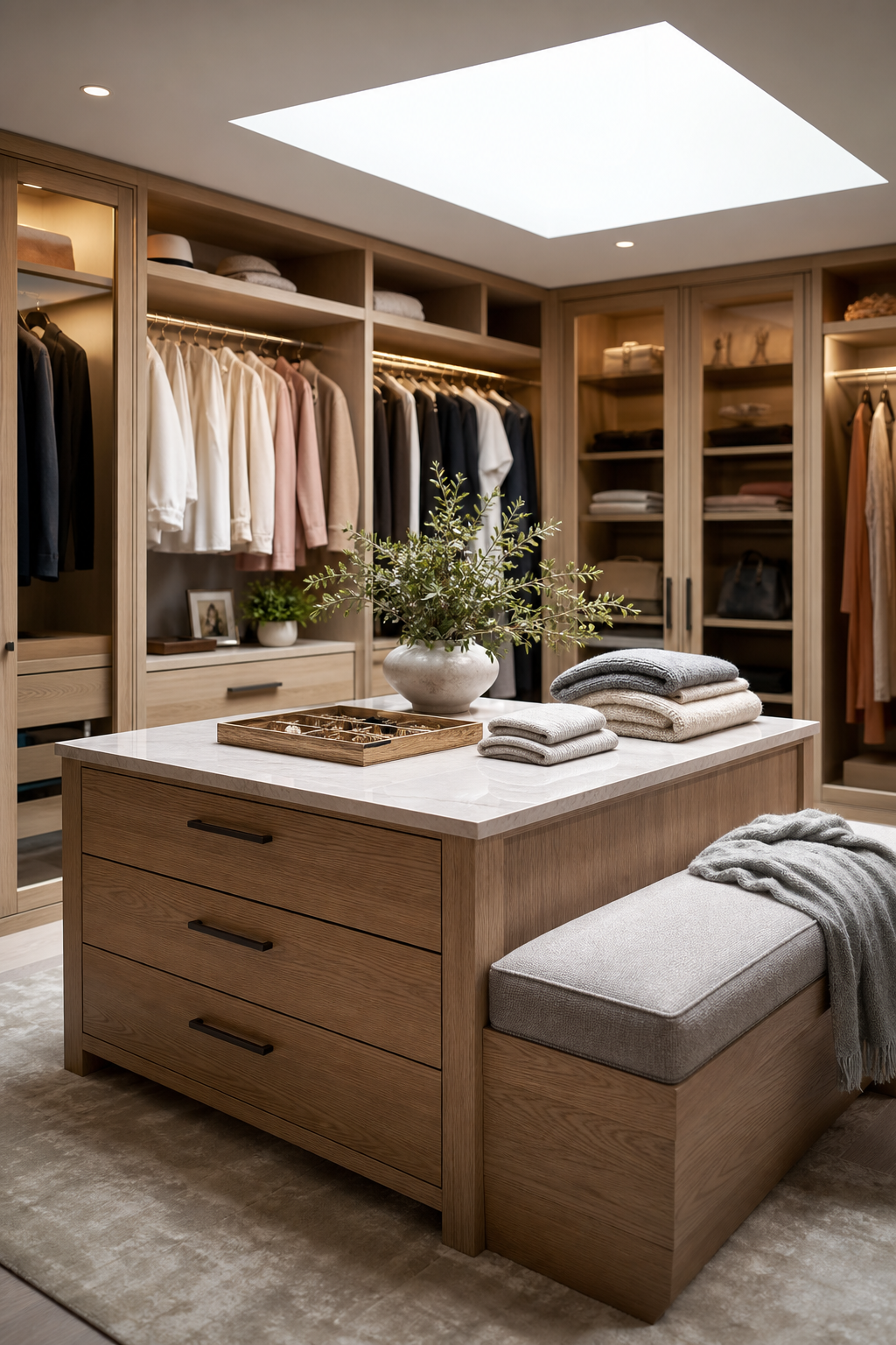 Add A Center Island For Daily Sorting in a neat stylish walk-in closet