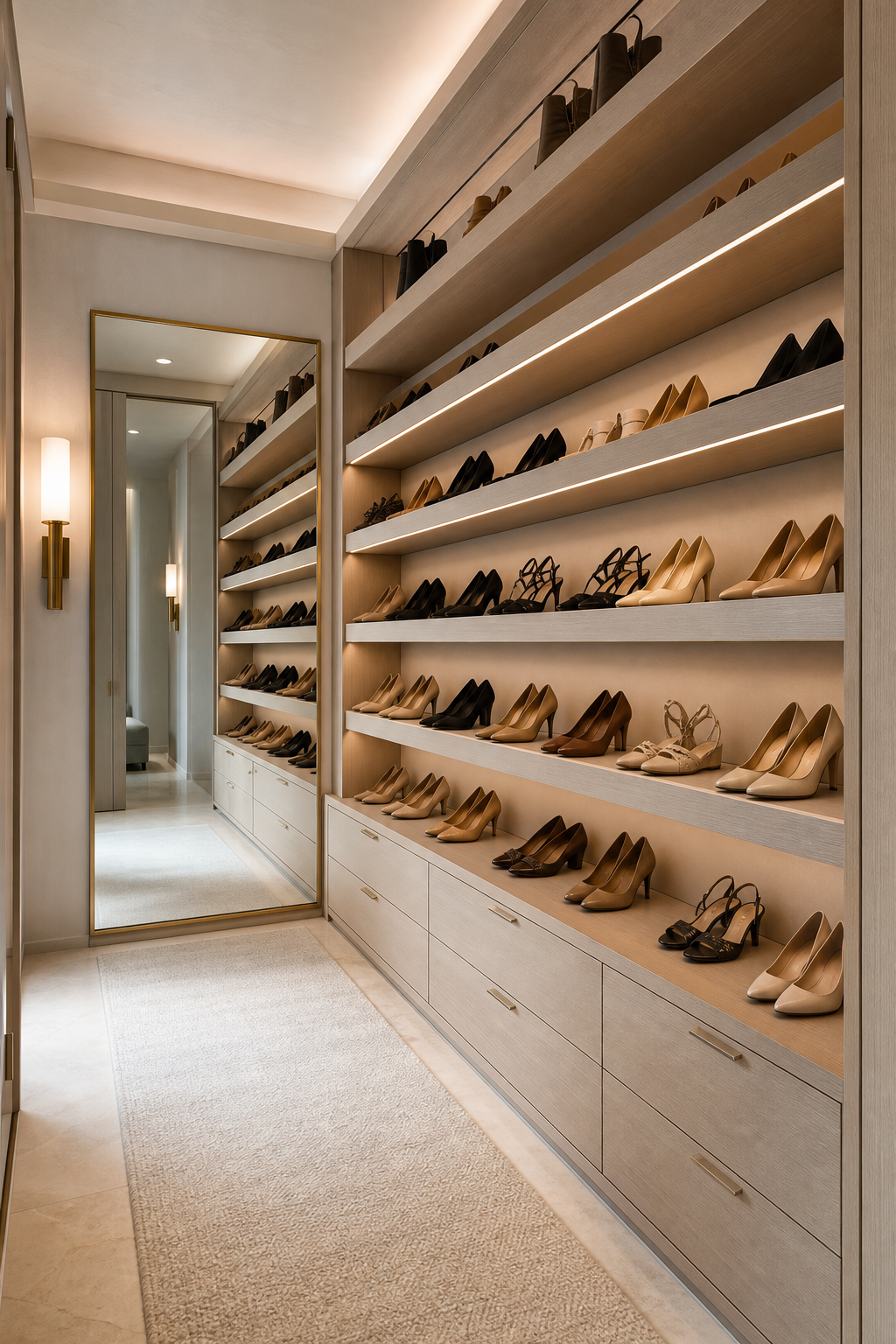 Modern closet design with build a boutique-style shoe wall