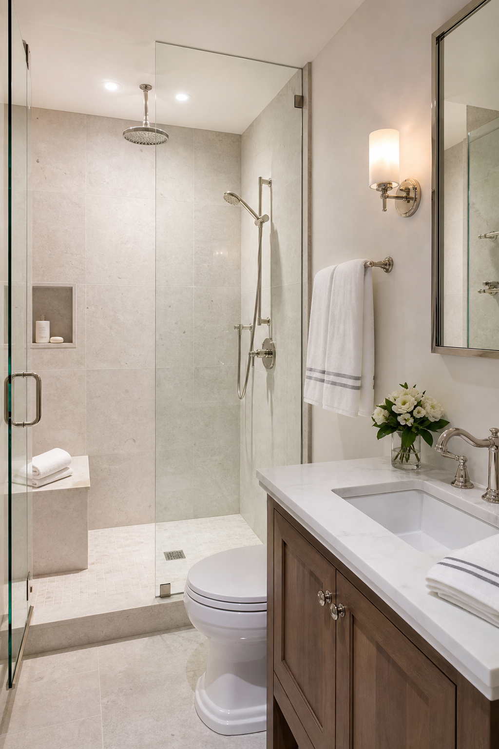Add hotel-style glass shower in a spa-like guest bathroom