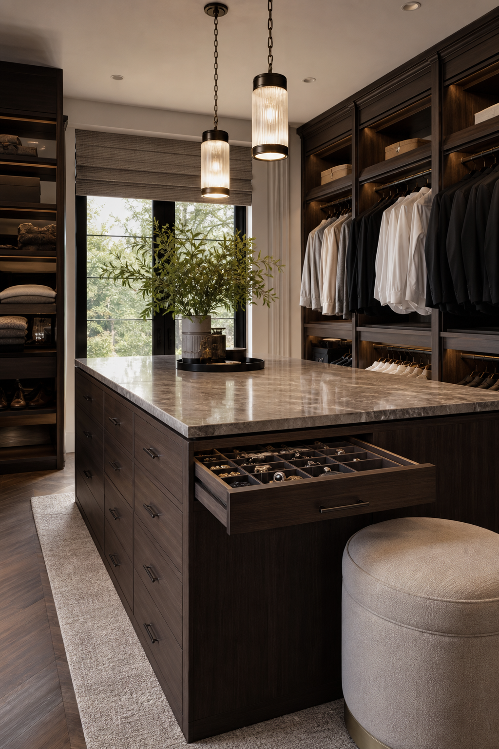 Luxury walk-in closet with walnut island, marble top, accessory drawers, and soft pendant lighting