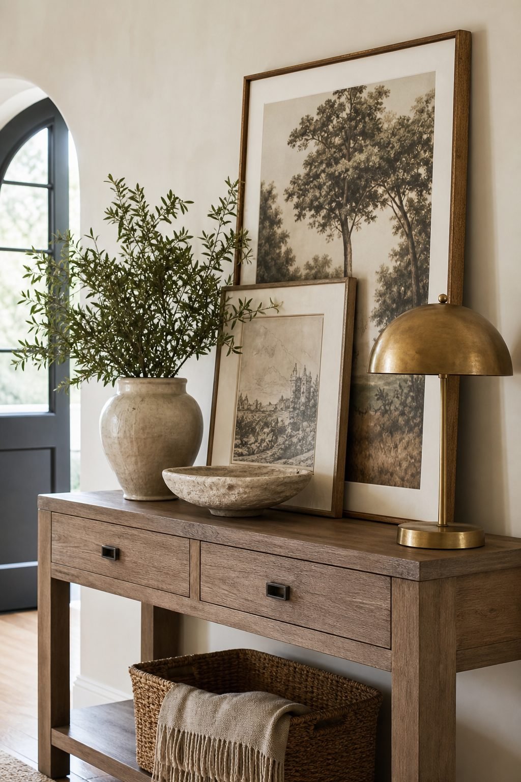 Layer Art Above A Console for Wall Decor To Give Blank Walls More Personality