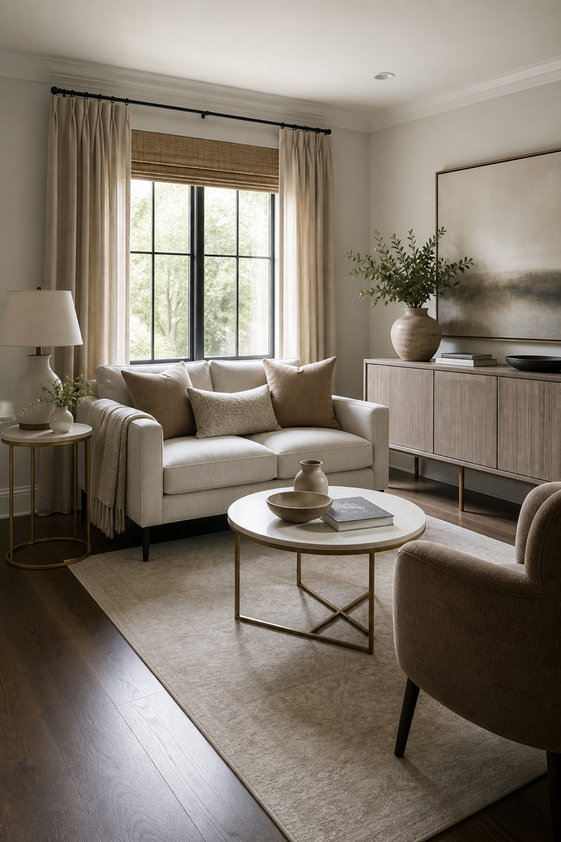 Small sitting room makeover with raised furniture on visible slim legs