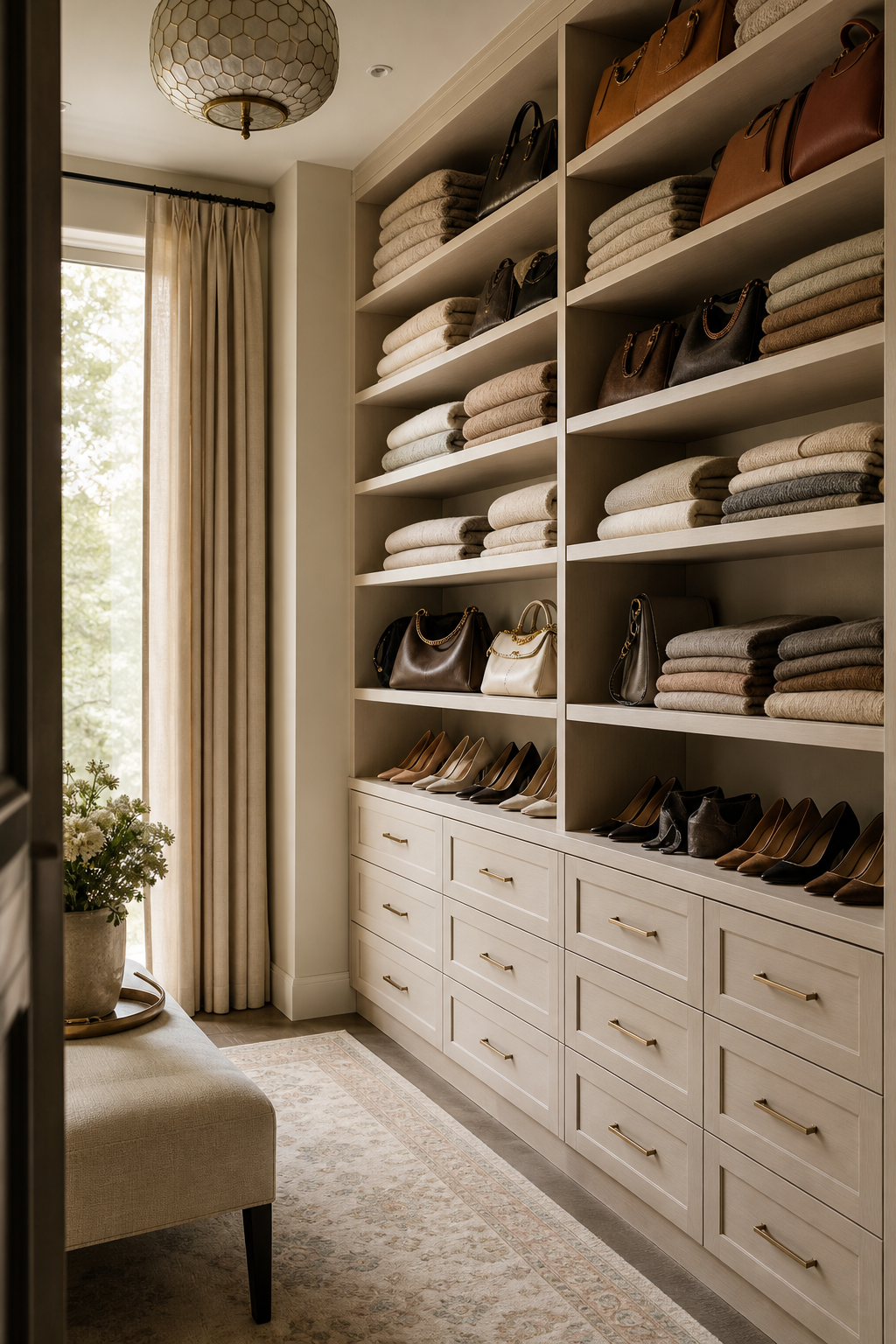 Use Open Shelving For Daily Pieces in a neat stylish closet room