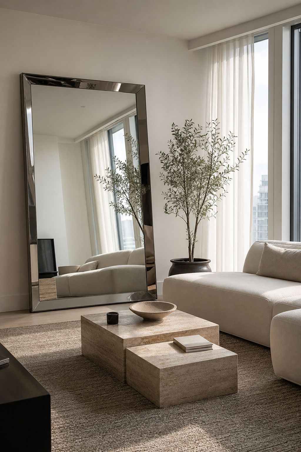 Oversized standing mirror leaning in a small apartment living room