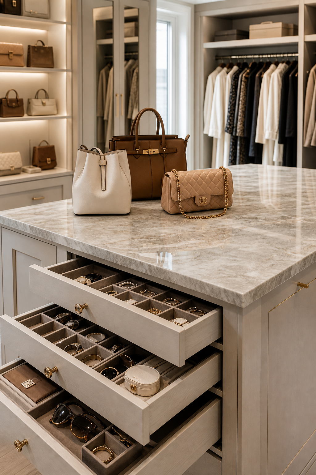 Create A Handbag Island Display in a neat stylish handbag closet