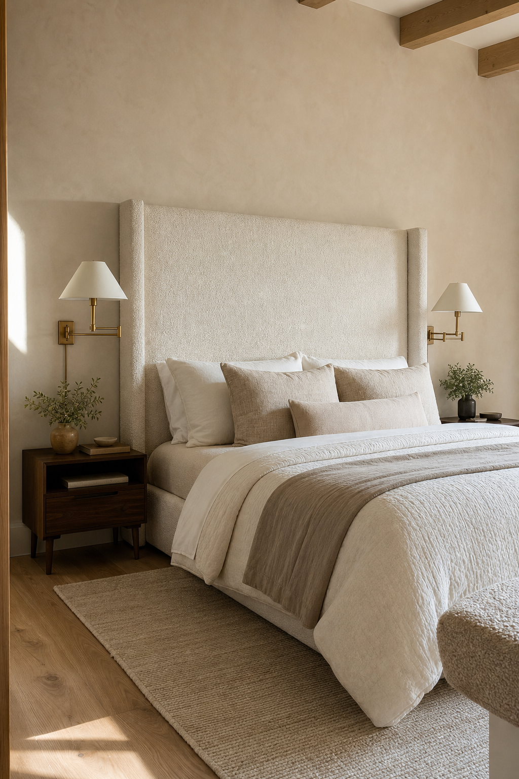 Elegant cozy bedroom with tall boucle upholstered headboard and brass sconces