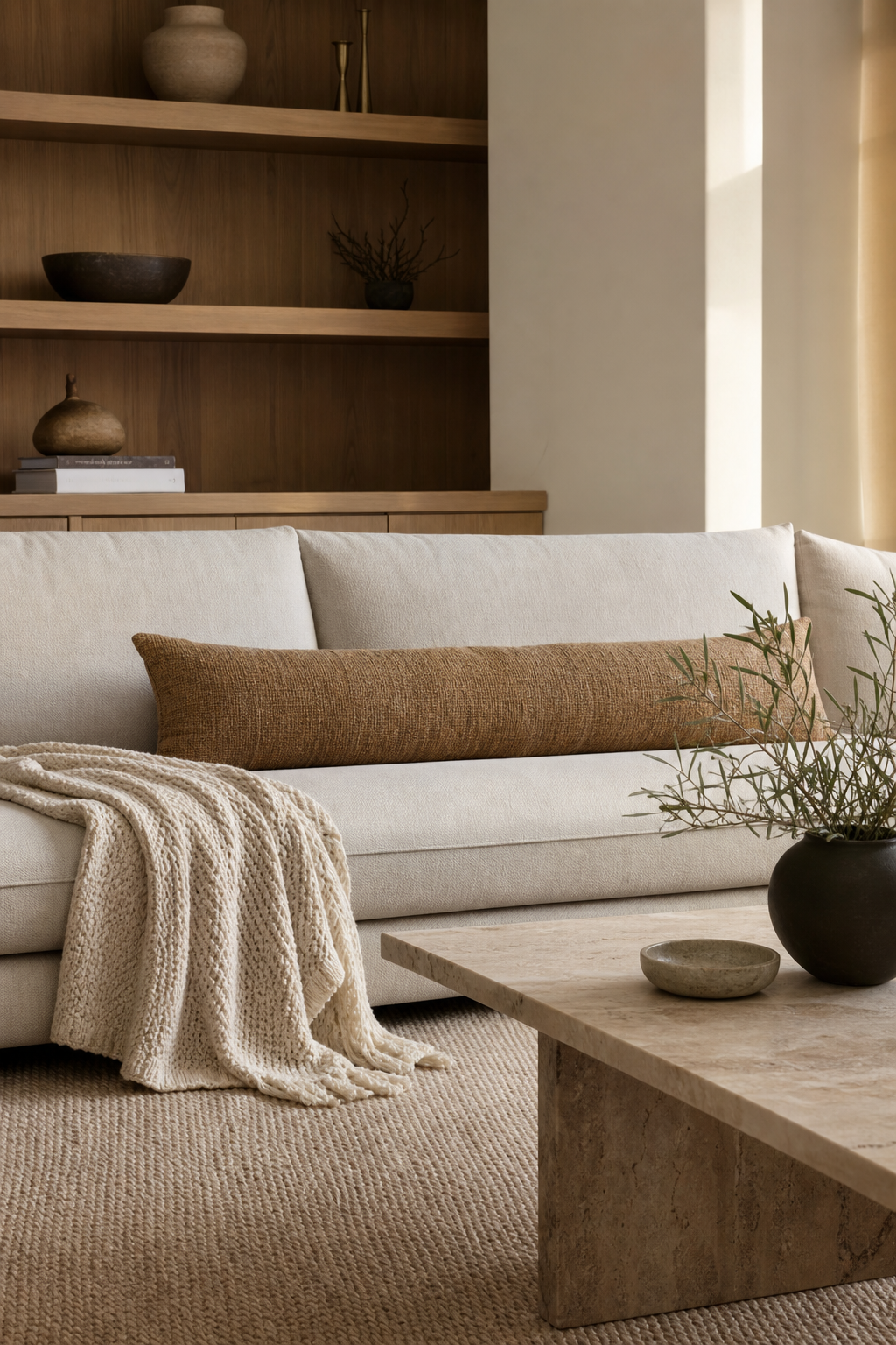 Add A Long Lumbar Pillow for Minimalist Sofa Ideas To Anchor A Stylish Living Room
