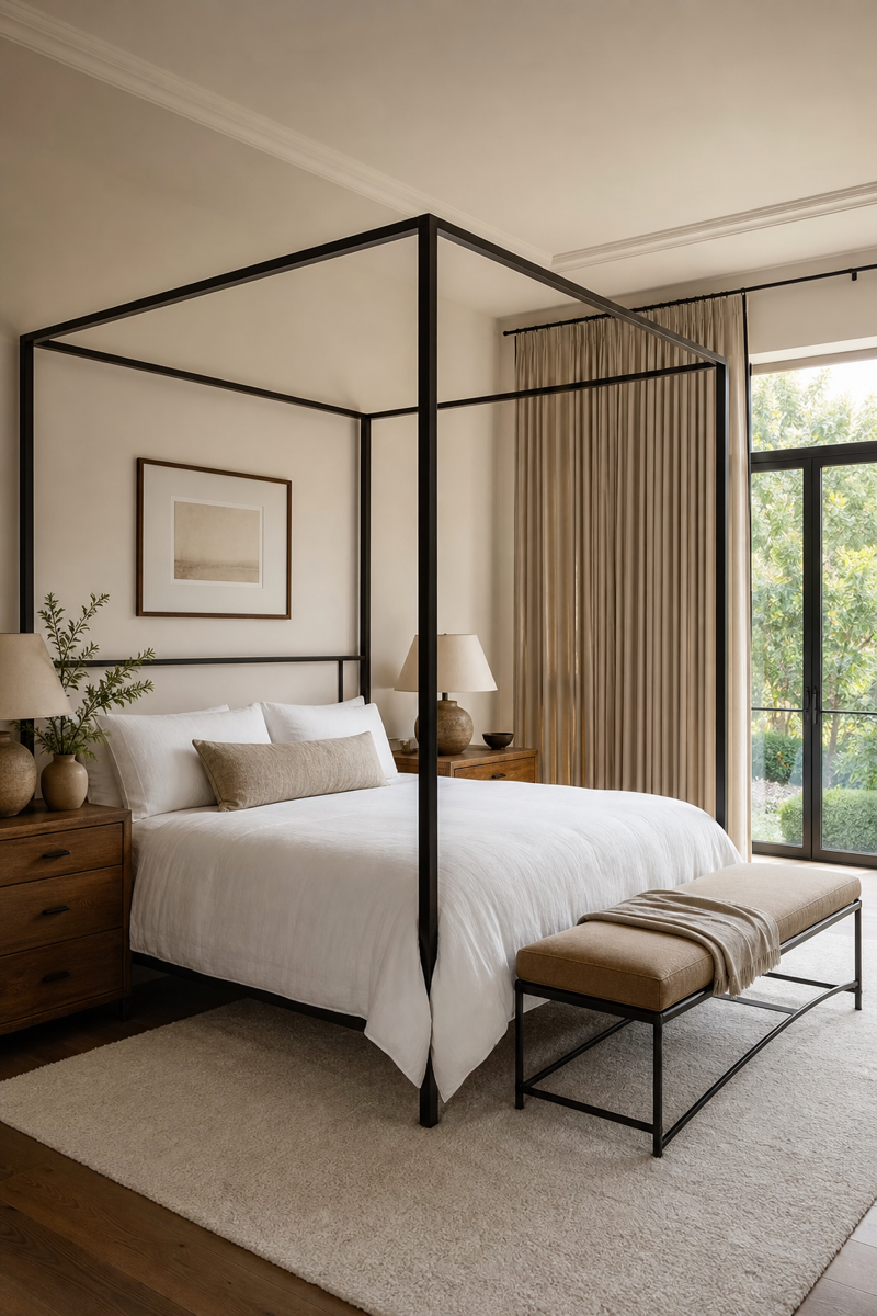 Luxury bedroom with slim black canopy bed and simple linens