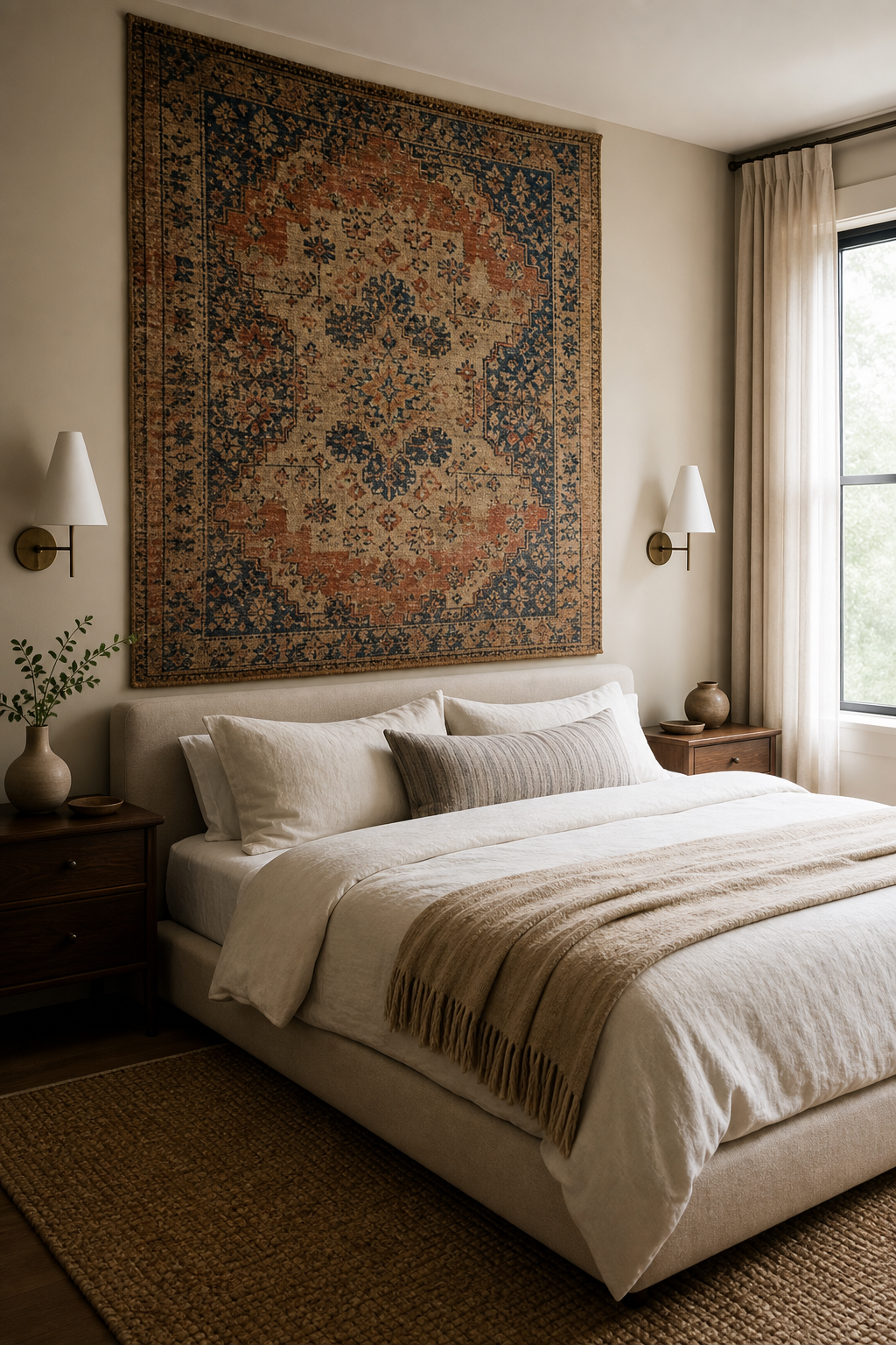 Vintage rug used as wall hanging above bed