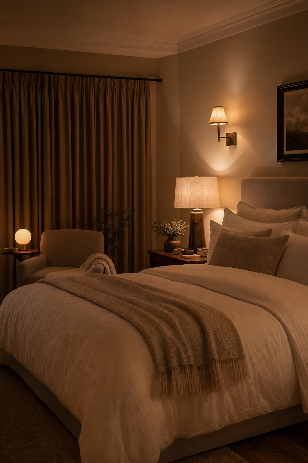 Warm bedroom with amber lamps, sconces, and layered ivory bedding