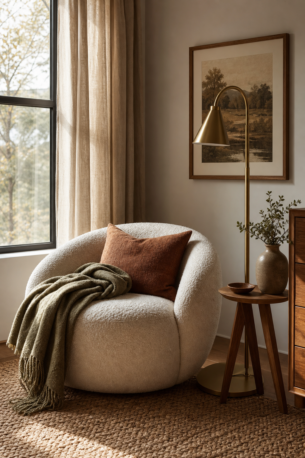 Aesthetic reading corner with boucle chair and brass floor lamp