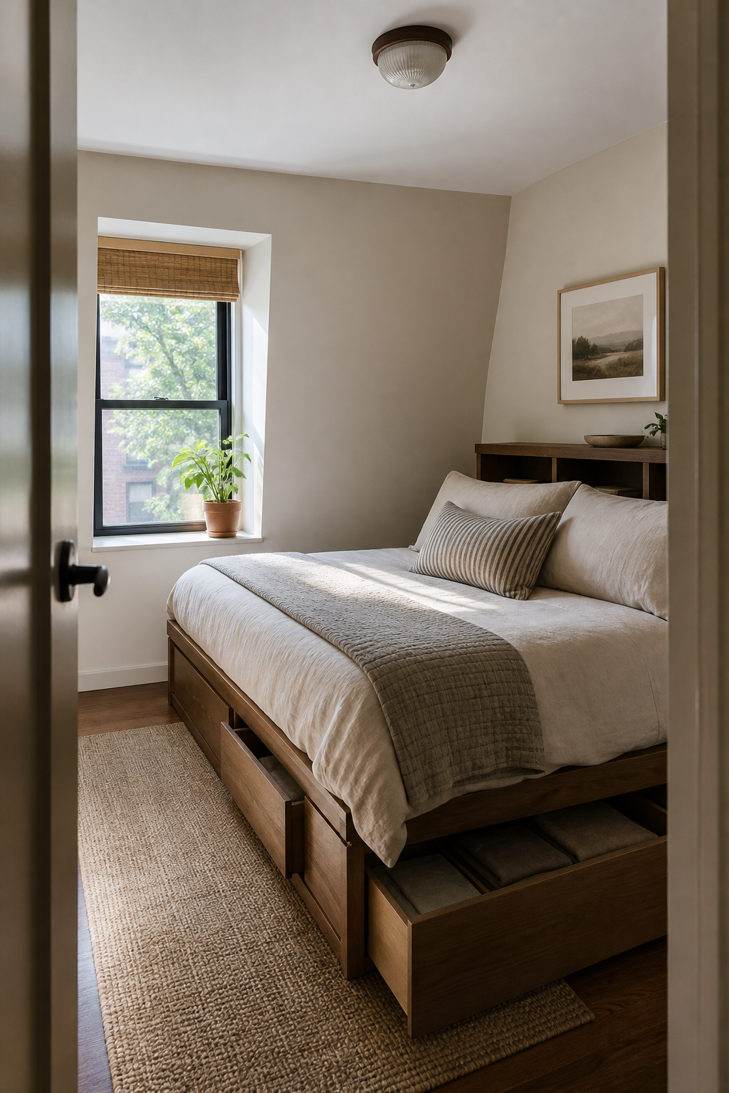 Small bedroom platform bed with hidden under-bed storage drawers