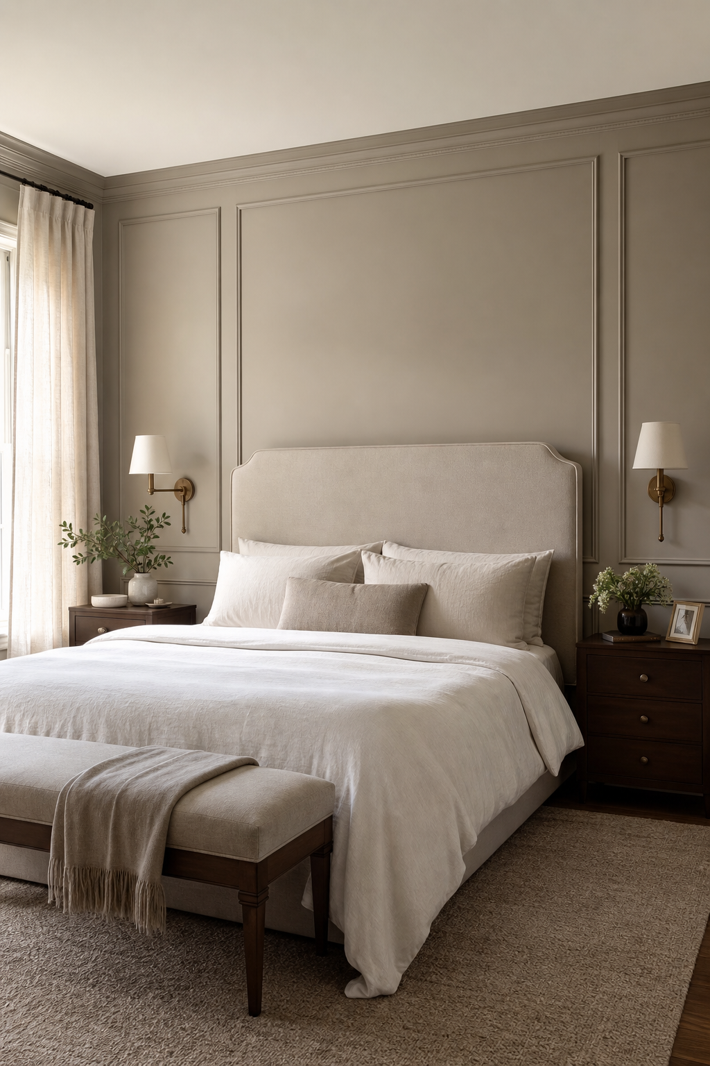 Elegant bedroom with greige wall moulding, upholstered bed, and brass bedside sconces