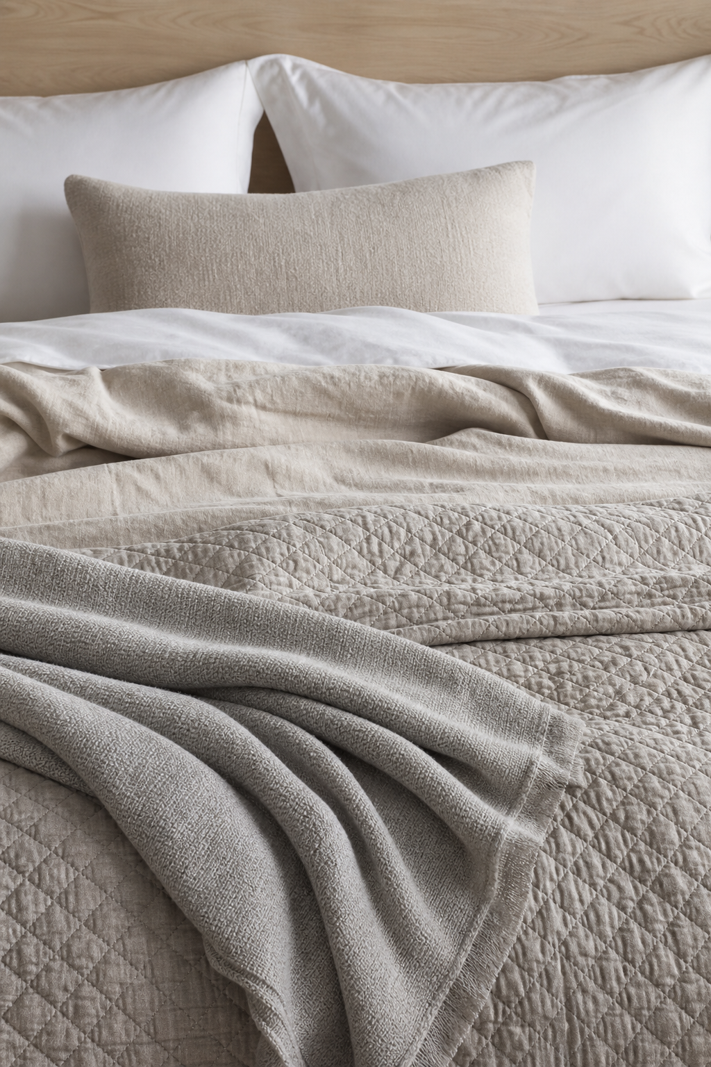 Tonal minimal bedding layered with white sheets, oatmeal linen, stone quilt, and a soft gray throw