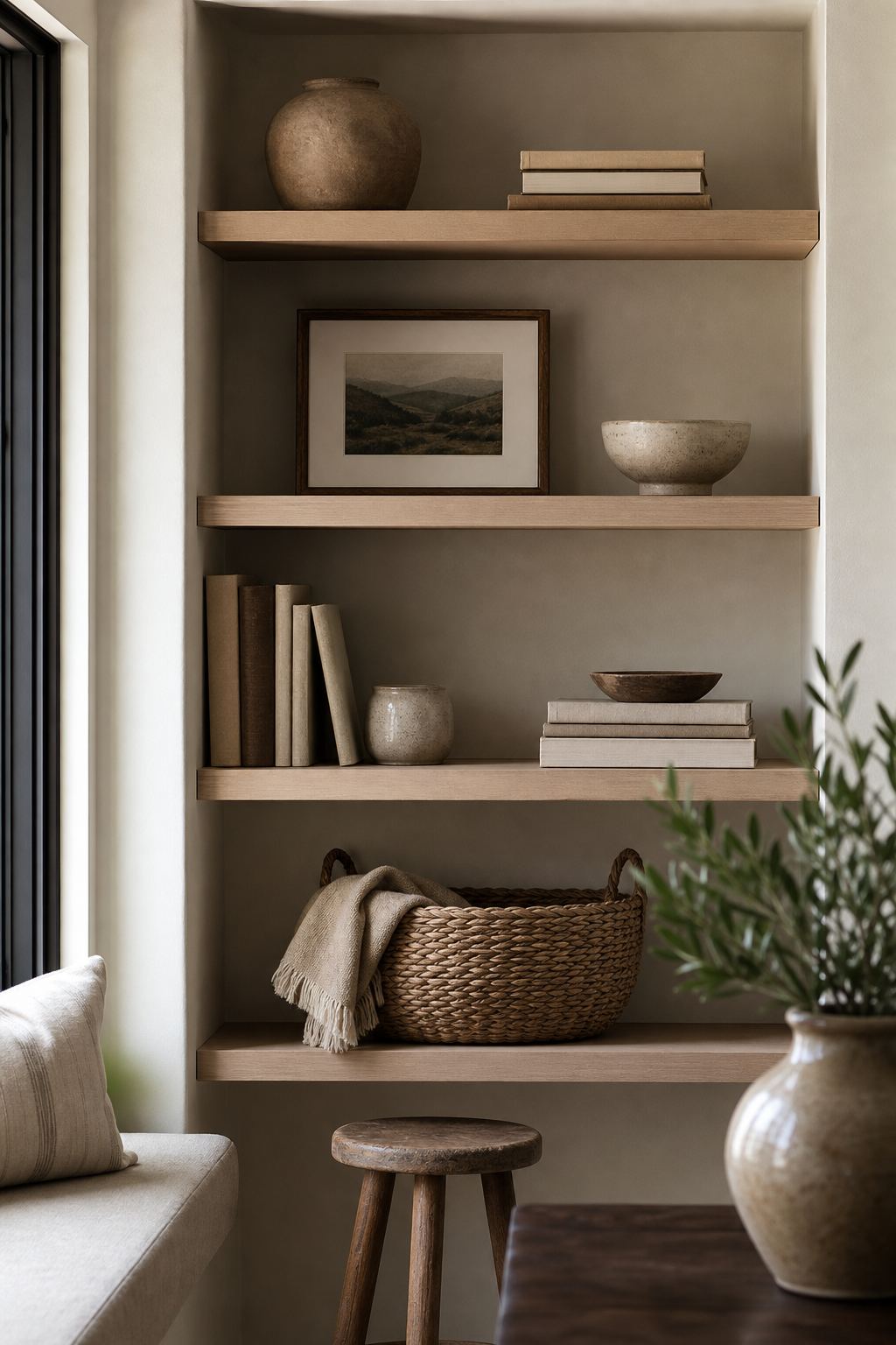 Styled shelves with books ceramics framed art and open space