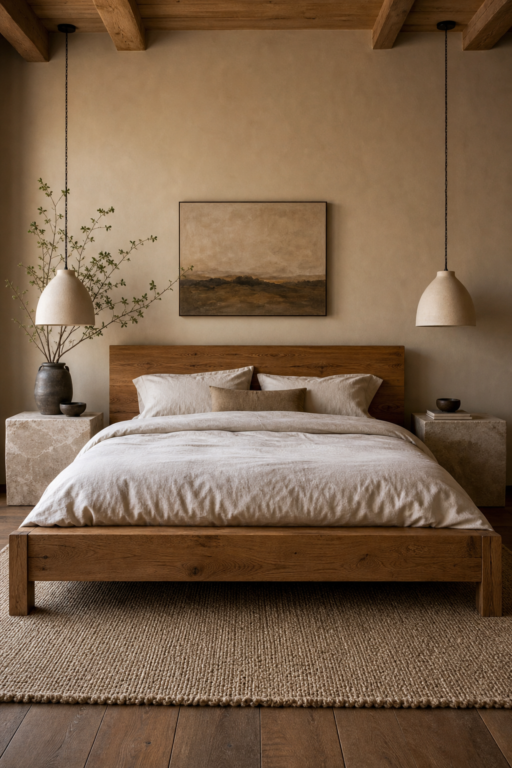 Earthy bedroom with simple oak bed, linen bedding, wool rug, and stone nightstands