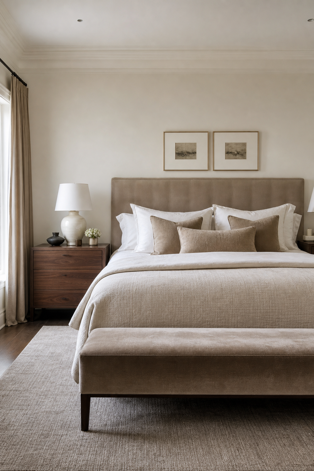 Refined bedroom with upholstered bench at the foot of the bed, layered bedding, warm lamps, and wool rug