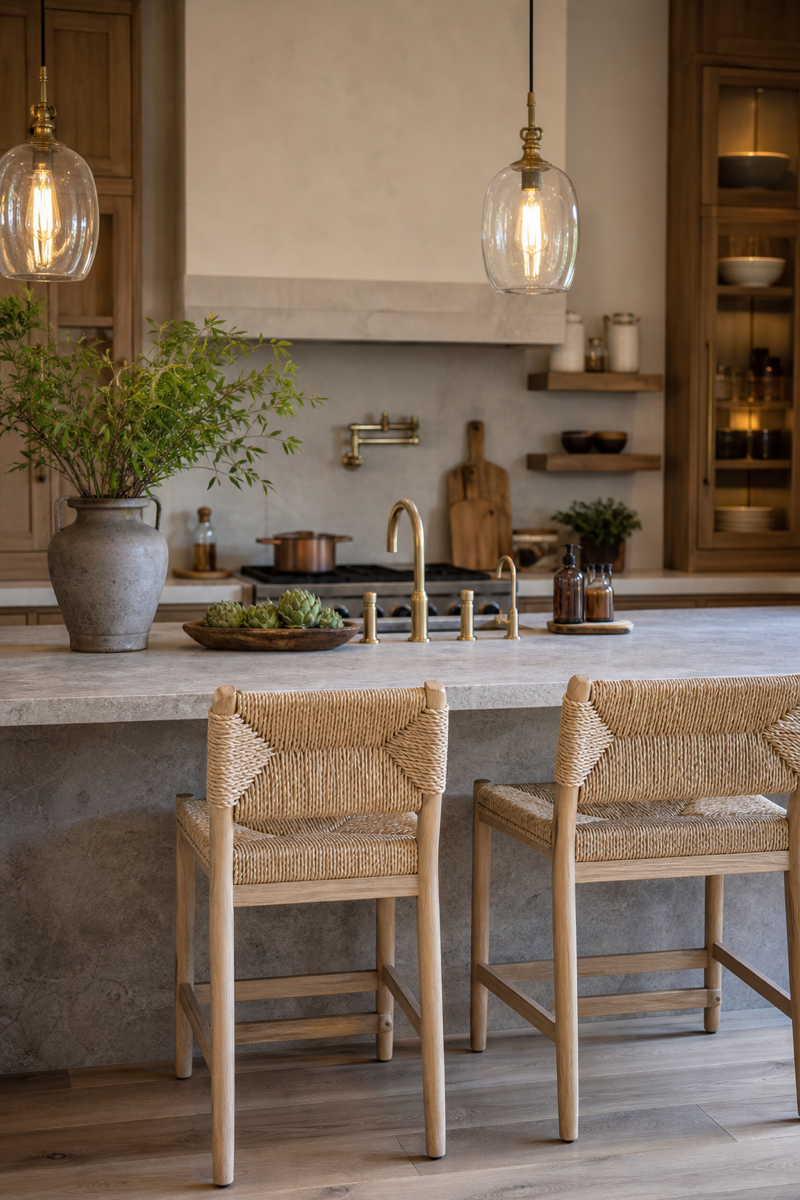 Warm kitchen island with textured woven counter stools