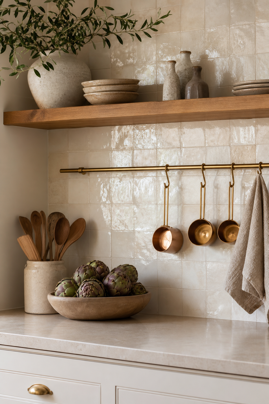 Warm neutral kitchen backsplash with handmade ivory zellige tile