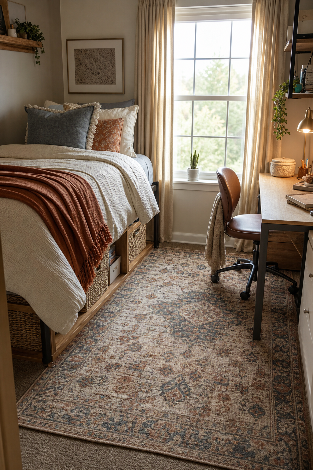 Dorm room with vintage-style rug under bed and desk area