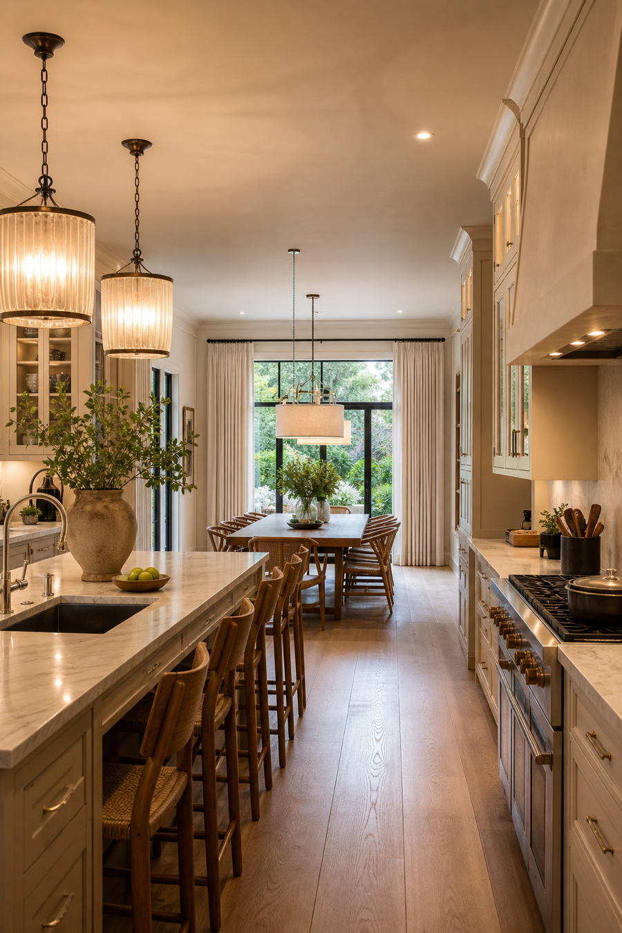 Open kitchen aligned with dining table for a connected layout