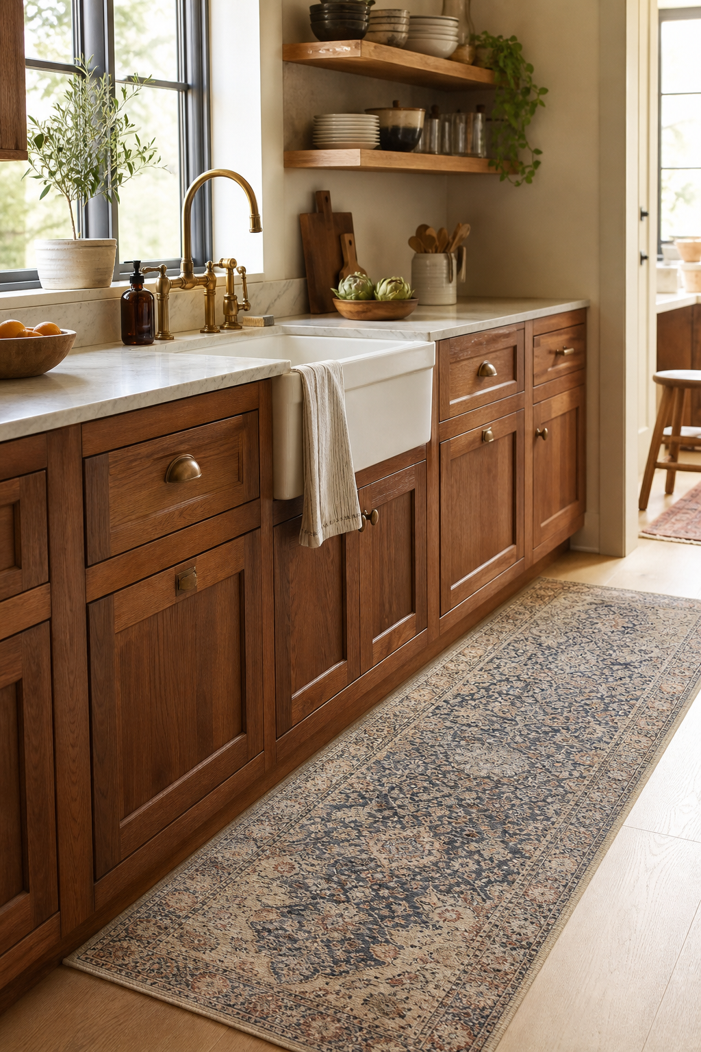 Cozy kitchen with vintage-style runner, farmhouse sink, and wood cabinets