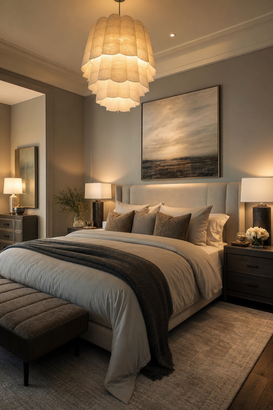 Dream bedroom with layered ceiling, bedside, and dresser lighting