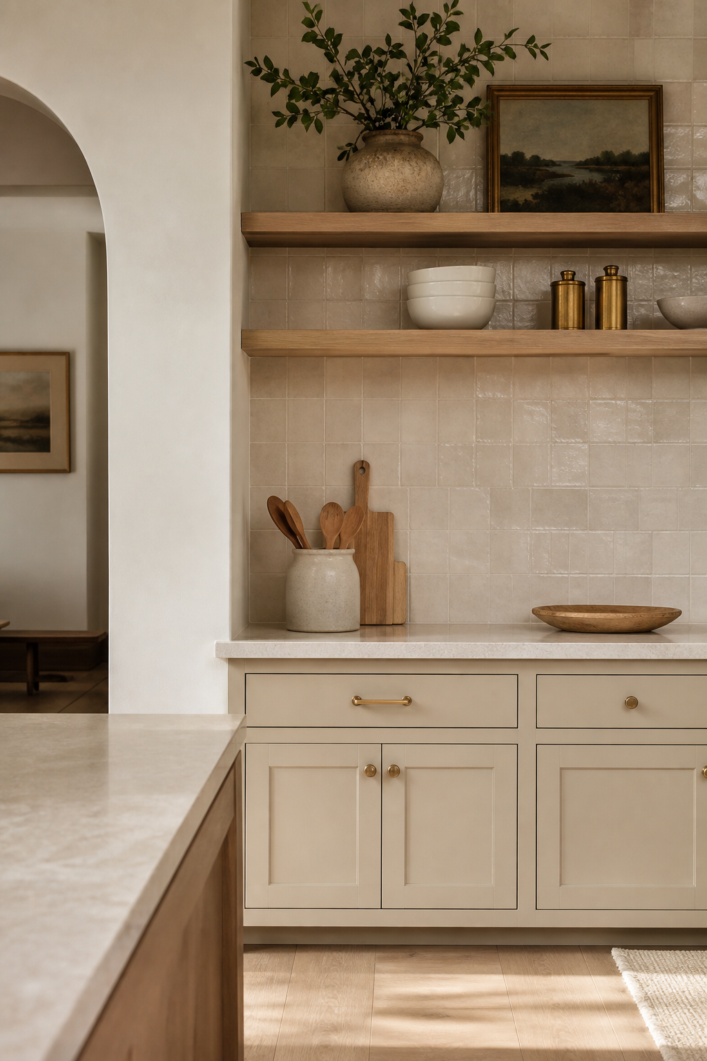 Warm neutral kitchen with oatmeal cabinets, taupe tile, light wood shelves, and stone counters